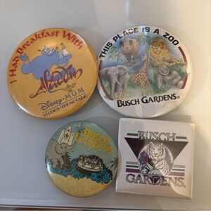4 Vintage Theme Park Pin-Back Buttons Busch Gardens, Disney World MGM Studios FL